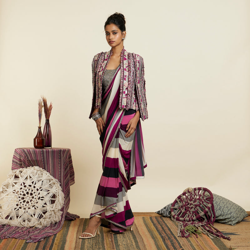 MERLOT STRIPE CASCADE SAREE PAIRED WITH BUSTIER AND NOOR JACKET