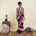 MERLOT STRIPE CASCADE SAREE PAIRED WITH BUSTIER AND NOOR JACKET