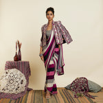 MERLOT STRIPE CASCADE SAREE PAIRED WITH BUSTIER AND NOOR JACKET