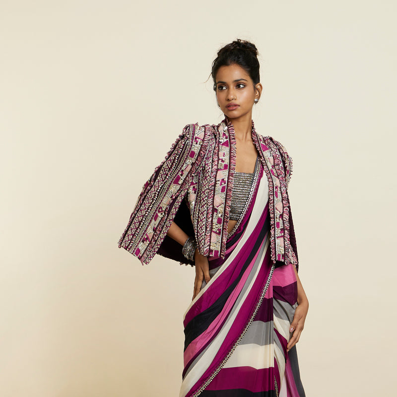 MERLOT STRIPE CASCADE SAREE PAIRED WITH BUSTIER AND NOOR JACKET