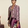 MERLOT STRIPE CASCADE SAREE PAIRED WITH BUSTIER AND NOOR JACKET