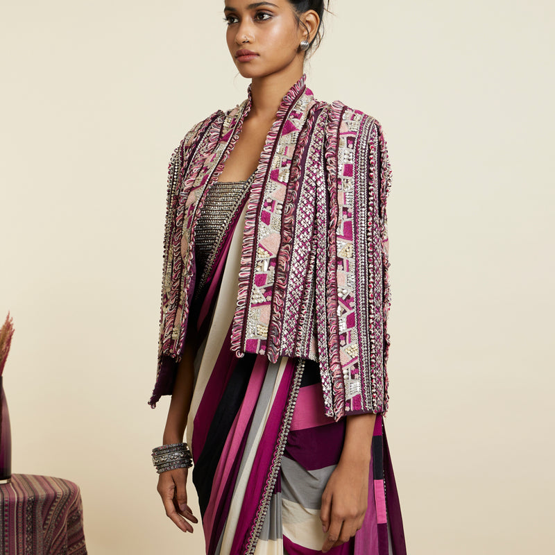 MERLOT STRIPE CASCADE SAREE PAIRED WITH BUSTIER AND NOOR JACKET