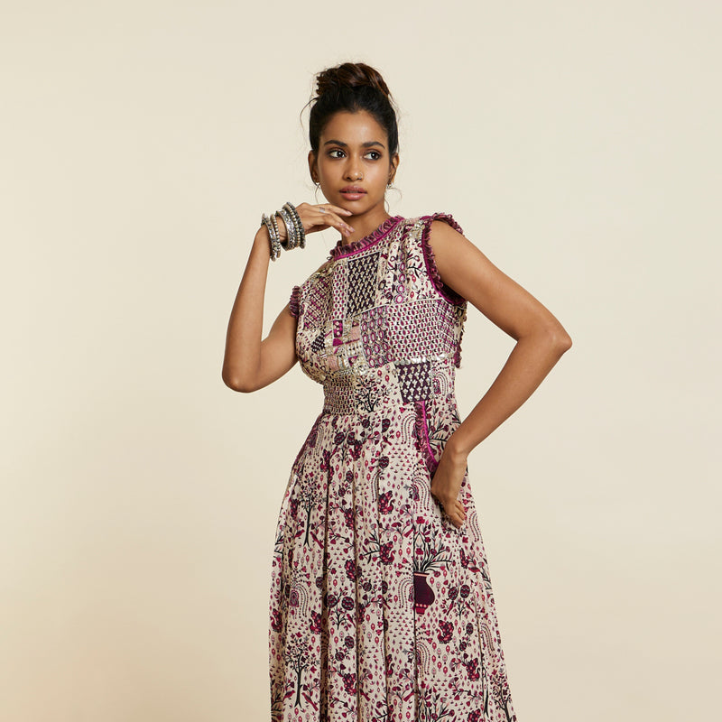 SAFAR MERLOT JAAL PRINT PATCHWORK JUMPSUIT