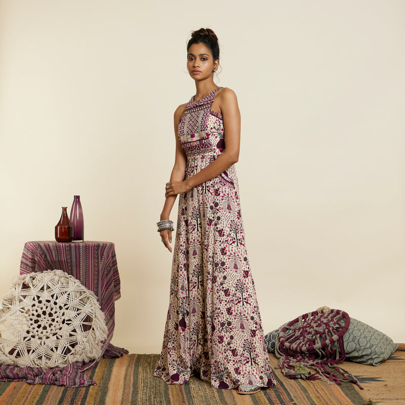 SAFAR MERLOT JAAL PRINT YOKE STYLE JUMPSUIT