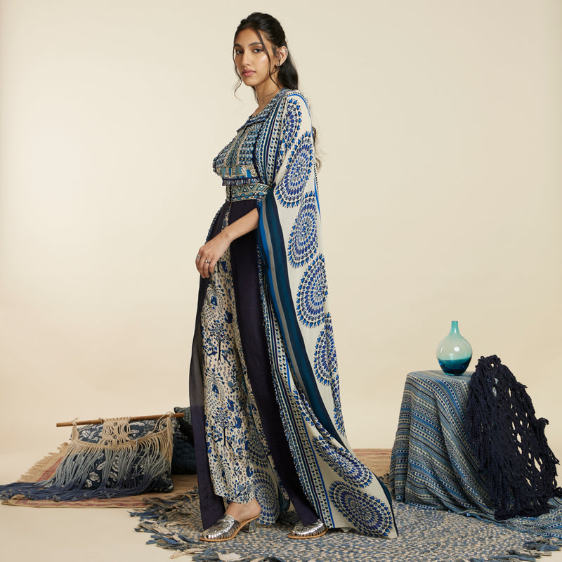 BLUE BUTTA STRIPE KAFTAN WITH BELT AND PANTS