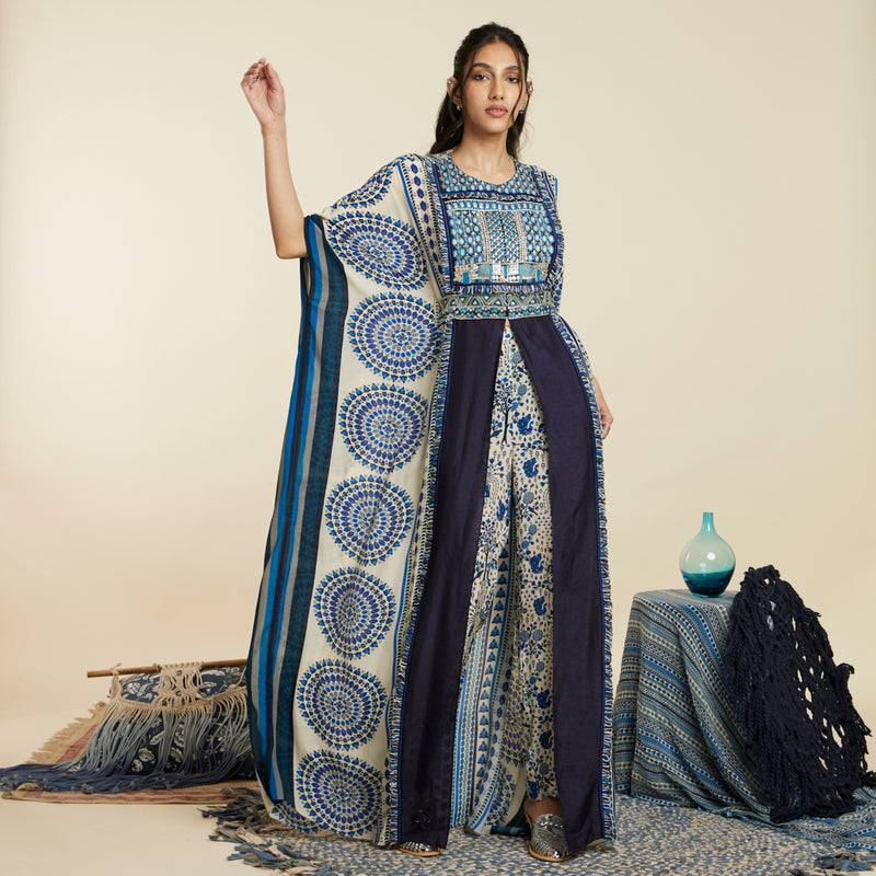 BLUE BUTTA STRIPE KAFTAN WITH BELT AND PANTS