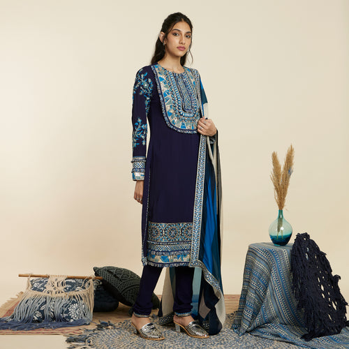 BLUE EMBELLISHED YOKE KURTA WITH PANTS