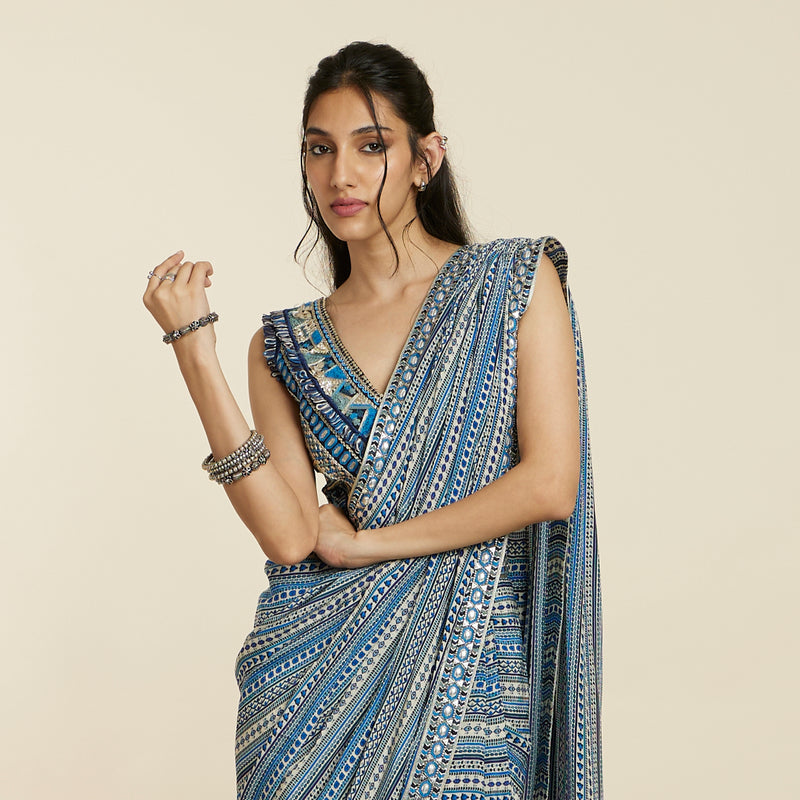 BLUE BOHO CASCADE SAREE WITH  BUSTIER