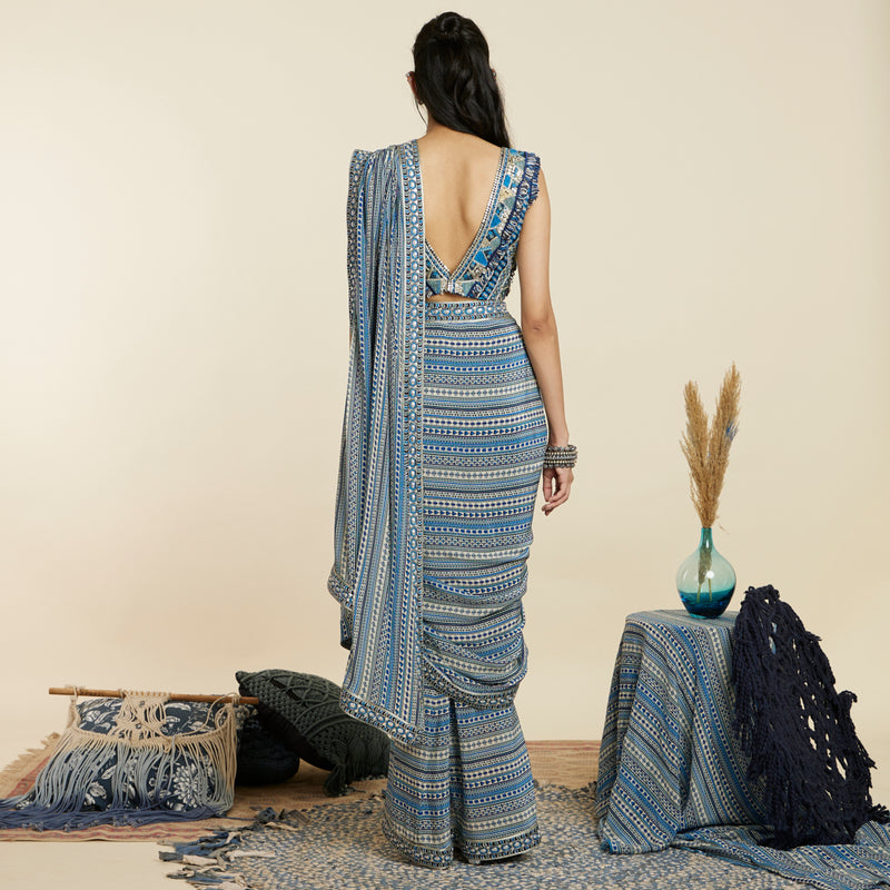 BLUE BOHO CASCADE SAREE WITH  BUSTIER