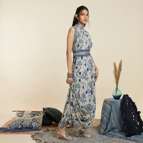 SAFAR BLUE JAAL DRAPE DRESS WITH BELT