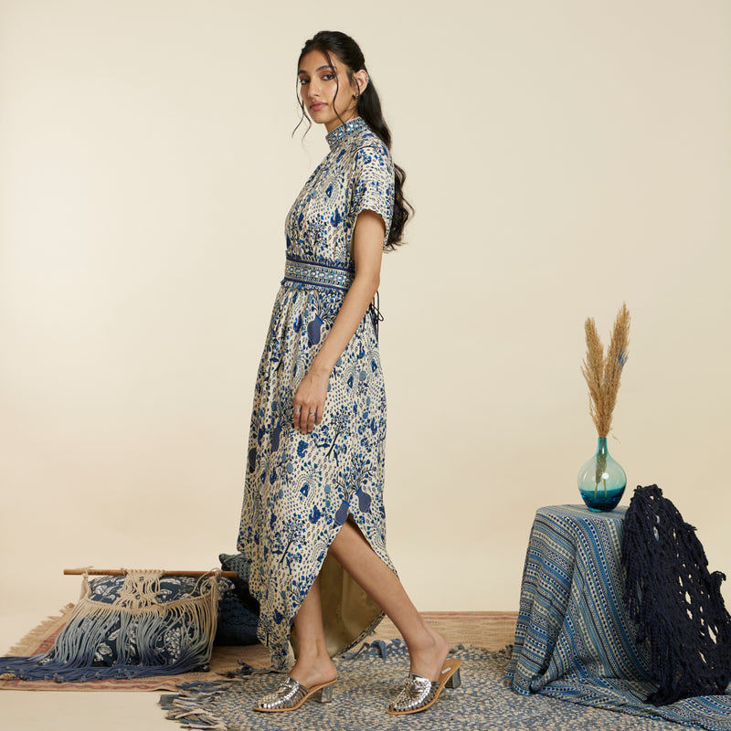 SAFAR BLUE JAAL DRAPE DRESS WITH BELT