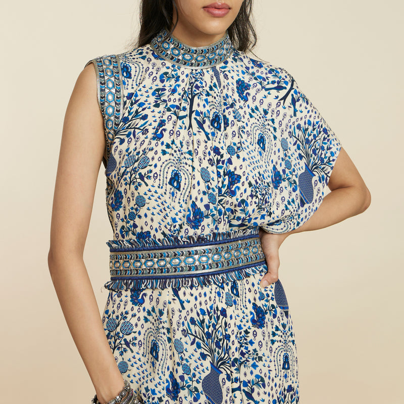 SAFAR BLUE JAAL DRAPE DRESS WITH BELT