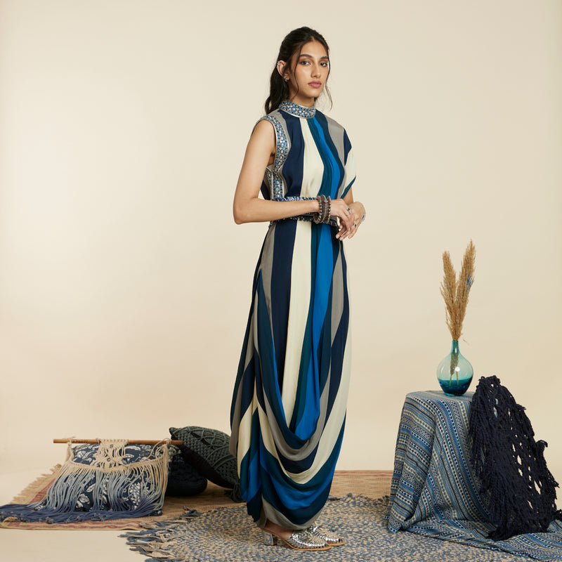 BLUE STRIPE DRAPE DRESS WITH BELT