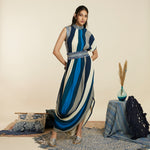 BLUE STRIPE DRAPE DRESS WITH BELT