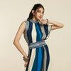 BLUE STRIPE DRAPE DRESS WITH BELT