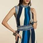 BLUE STRIPE DRAPE DRESS WITH BELT