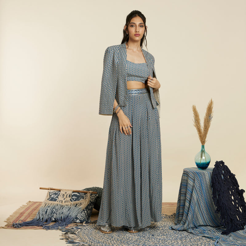 BLUE GEO PRINT NOOR JACKET SET