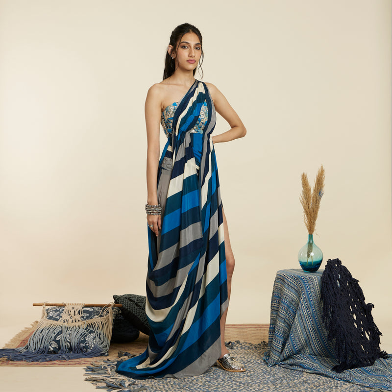 BLUE STRIPE PRINT EMBELLISHED SAREE DRAPED GOWN