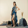 BLUE STRIPE PRINT EMBELLISHED SAREE DRAPED GOWN