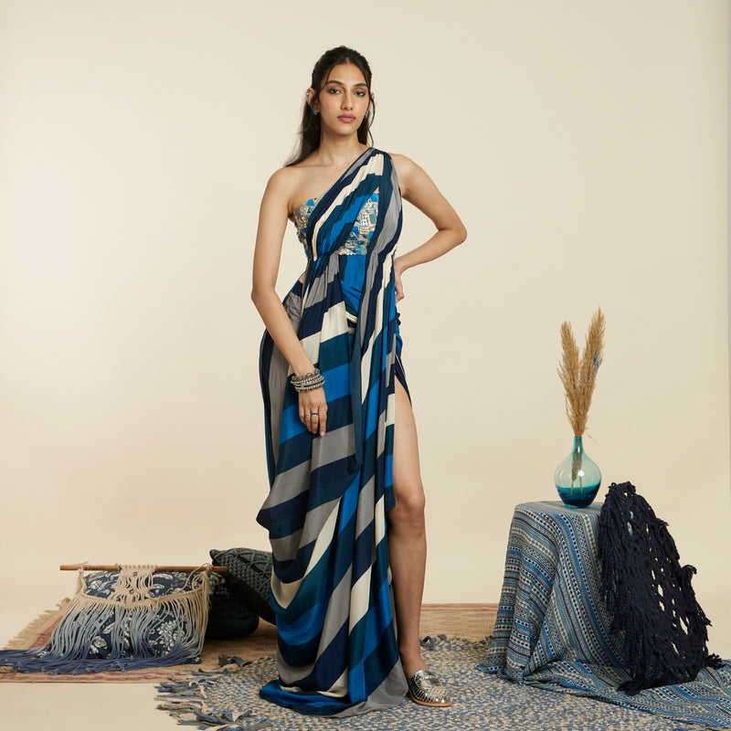 BLUE STRIPE PRINT EMBELLISHED SAREE DRAPED GOWN