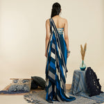 BLUE STRIPE PRINT EMBELLISHED SAREE DRAPED GOWN