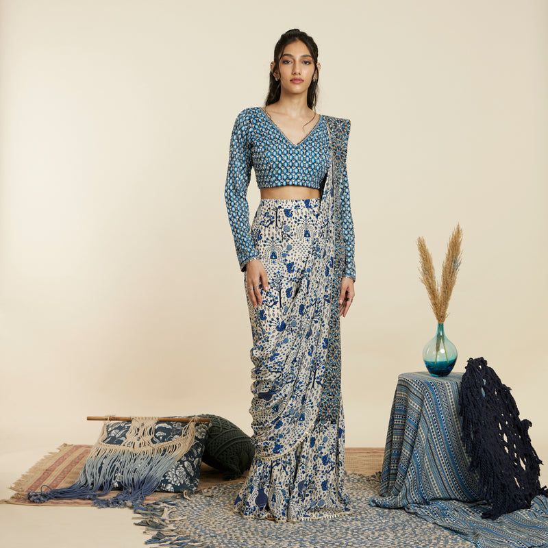 SAFAR BLUE JAAL SHARARA SAREE WITH BLOUSE