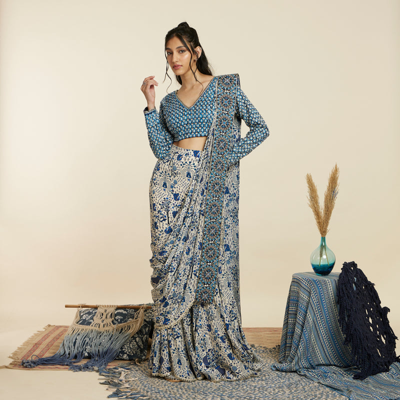 SAFAR BLUE JAAL SHARARA SAREE WITH BLOUSE