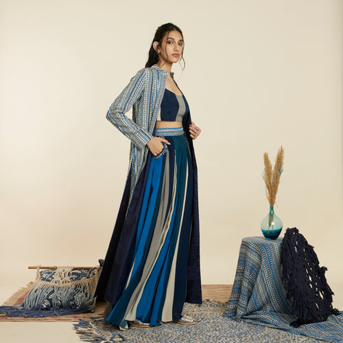 BLUE BOHO JACKET PAIRED WITH BUSTIER AND PLEATED PANTS