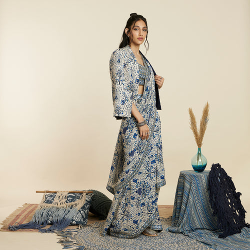 SAFAR BLUE JAAL  SAREE PAIRED WITH BUSTIER AND NOOR JACKET