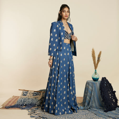 BLUE EMBELLISHED DENIM LEHENGA WITH TEXTURED BUSTIER AND JACKET