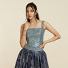 BLUE TEXTURED BUSTIER TEAMED WITH SKIRT