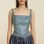 BLUE TEXTURED BUSTIER TEAMED WITH SKIRT