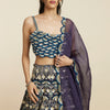 BLUE SCALLOP APPLIQUE BUSTIER PAIRED WITH ART DECO LEHENGA AND DUPATTA