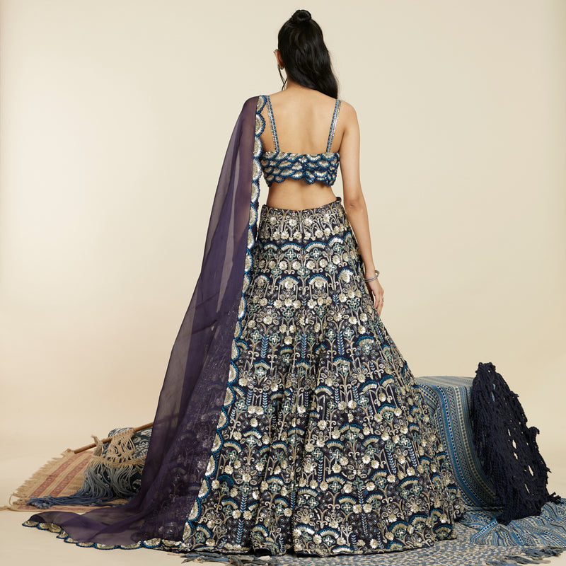 BLUE SCALLOP BUSTIER WITH EMBELLISHED LEHENGA AND DUPATTA