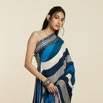 BLUE STRIPE PRINT ONE SHOULDER SAREE WITH PANTS