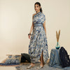 BLUE SAFAR JAAL PRINT ONE SHOULDER COWL DRESS