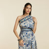 BLUE SAFAR JAAL PRINT ONE SHOULDER COWL DRESS