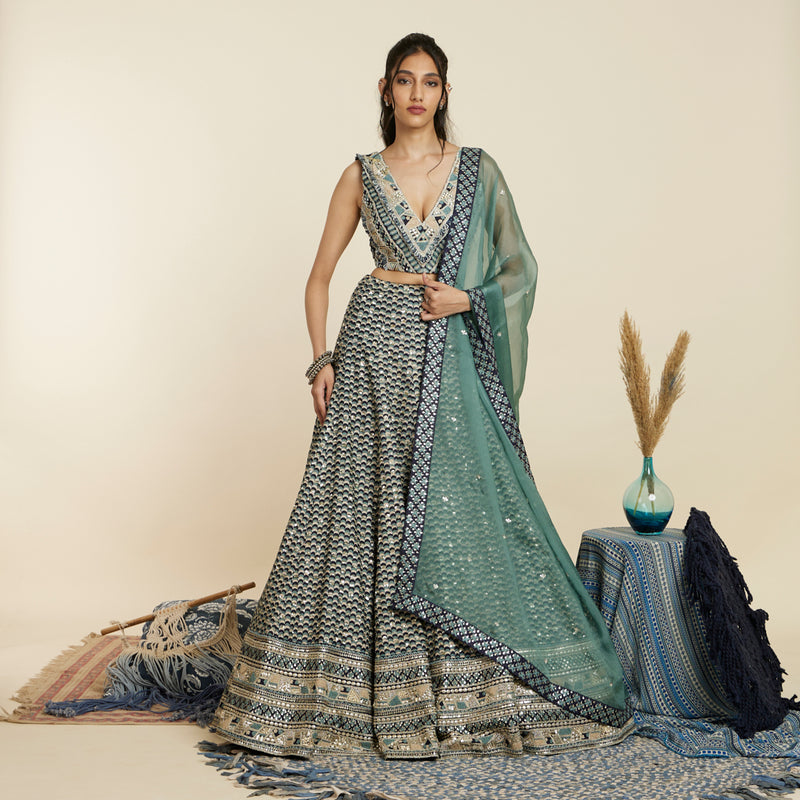 BLUE SCALLOP BRIDAL LEHENGA WITH  BUSTIER AND DUPATTA