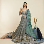 BLUE SCALLOP BRIDAL LEHENGA WITH  BUSTIER AND DUPATTA