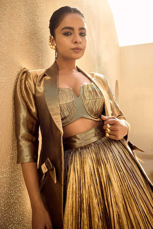 Gold Silk Jacquard Jacket with Gold Bustier and Gold Lehenga