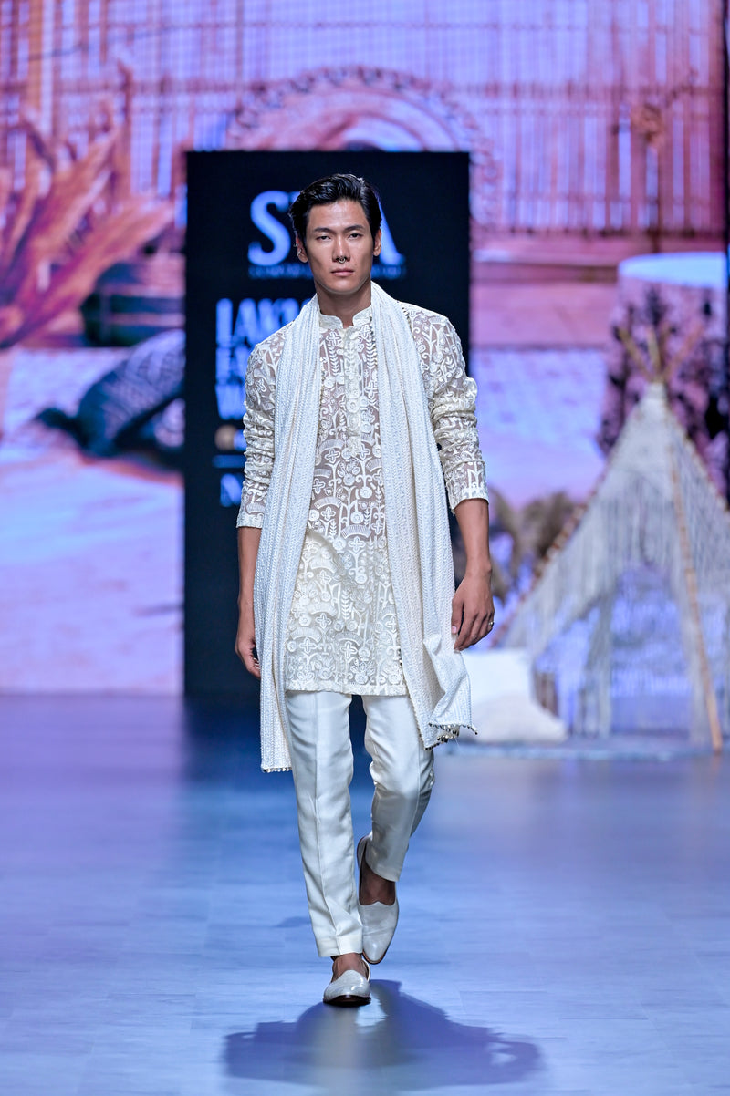 ORAGANZA EMBELLISHED KURTA WITH PANTS AND DUPATTA