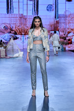 METAL JACKET PAIRED WITH EMBELLISHED BUSTIER AND  PANTS