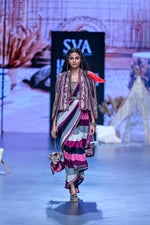 MERLOT STRIPE CASCADE SAREE PAIRED WITH BUSTIER AND NOOR JACKET