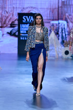 BLUE ART DECO EMBELLISHED CAPE JACKET WITH HIGH SLIT SKIRT