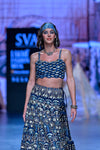 BLUE SCALLOP APPLIQUE BUSTIER PAIRED WITH ART DECO LEHENGA AND DUPATTA