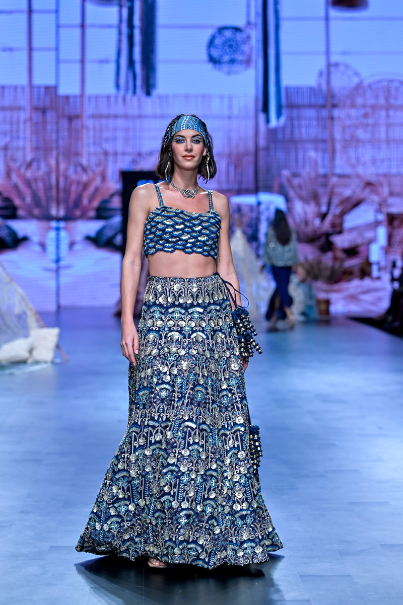 BLUE SCALLOP BUSTIER WITH EMBELLISHED LEHENGA AND DUPATTA