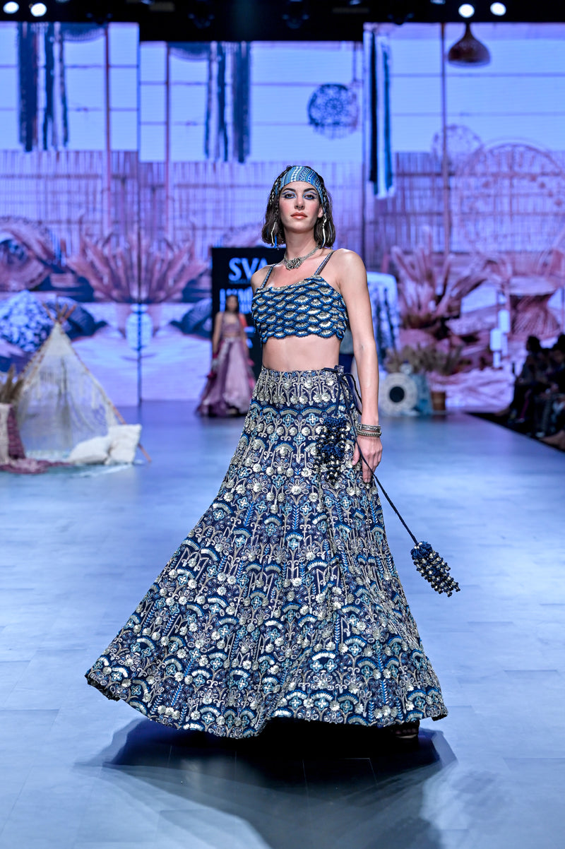 BLUE SCALLOP APPLIQUE BUSTIER PAIRED WITH ART DECO LEHENGA AND DUPATTA