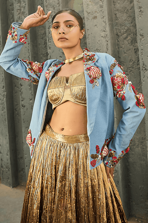 Denim Blazer Silk Jacquard Bustier Crushed Skirt