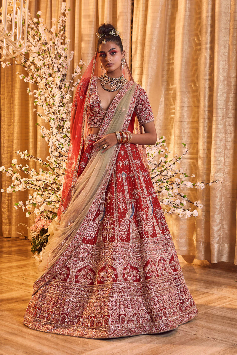 Lehenga Blouse - Raw Silk, Dupatta- NET-Scarlet sage