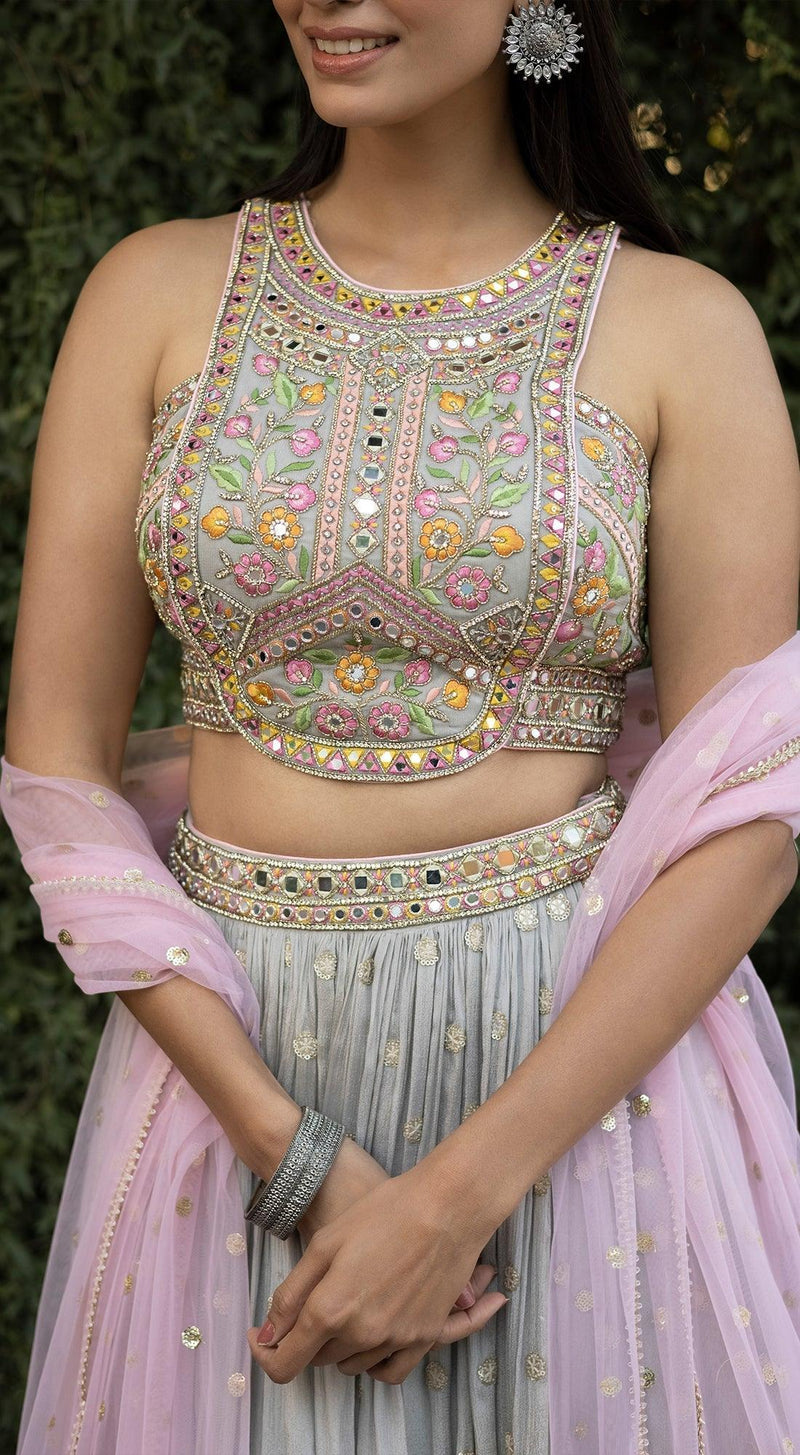 Pastel Grey Mutli Thread Embroidered Lehenga Set